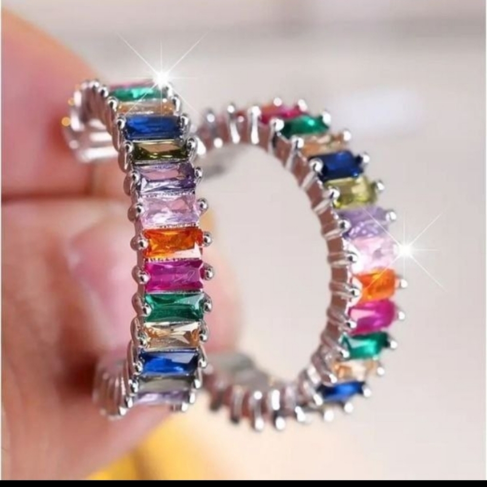 Multicolored Silver Hoop Earrings - Picture 4 of 10